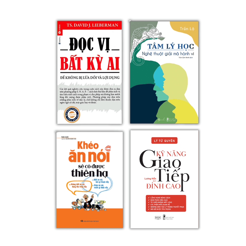 4 Cuốn Combo Tâm Lý Giao Tiếp : - Tâm lý học nghệ thuật giải mã hành vi - Đọc vị bất kì ai - Kỹ năng giao tiếp đỉnh cao - Khéo ăn nói sẽ có được thiên hạ