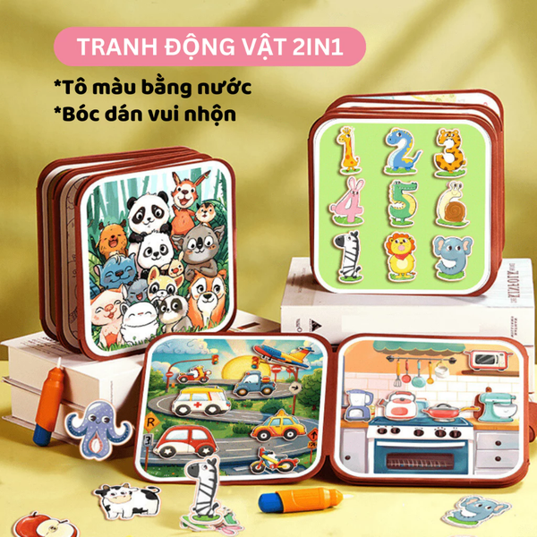 Đồ chơi cuốn sổ ma thuật vẽ tranh bằng nước bóc dán 10 chủ đề đa dạng chi tiết cho bé học tập