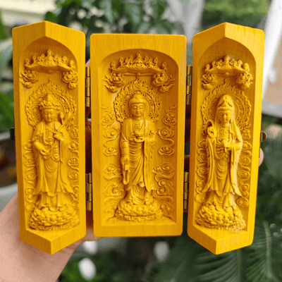 Tượng Phật Gấp Gọn Tây Phương Tam Thánh Chạm Gỗ (13cm)