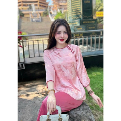 S55 - Đồ Lam Nữ Đi Chùa - Bộ Đi Lễ Chùa Họa Tiết Trang Nhã - Pháp Phục Nữ Xinh Xắn Dành Cho Phật Tử Vải Lụa Tằm mềm mại
