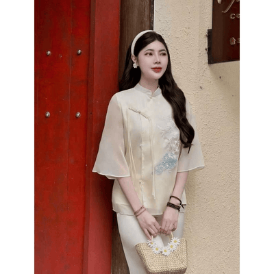 T05 - Set Pháp Phục lụa tơ 2 lớp thêu Hạc sắc nét - Bộ đồ đi chùa vải lụa tơ cúc Tết trang nhã