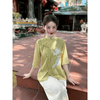 T05 - Set Pháp Phục lụa tơ 2 lớp thêu Hạc sắc nét - Bộ đồ đi chùa vải lụa tơ cúc Tết trang nhã
