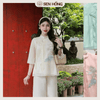 T05 - Set Pháp Phục lụa tơ 2 lớp thêu Hạc sắc nét - Bộ đồ đi chùa vải lụa tơ cúc Tết trang nhã