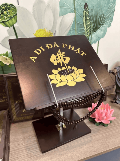 (Tặng vòng + lá bồ đề) Kệ kinh sách bằng gỗ cao cấp chữ A Di Đà Phật không cong vênh có thể gấp gọn