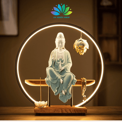 Tượng Phật Quan Âm Bồ Tát Chất Liệu Gốm Tử Sa Kệ Led Hào Quang Decor Trang Trí Phong Thủy An Nhiên