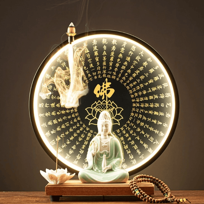Tượng Quan Âm Bồ Tát Gốm Cao Cấp Có Đèn Led Hào Quang,Tượng Phong Thủy An Nhiên Mang Tài Lộc May Mắn