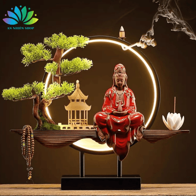 Tượng Quan Âm Kèm Đèn Led Hào Quang Cao Cấp, Thác Khói Trầm Hương Cây Xanh Tiểu Cảnh Trang Trí Nhà