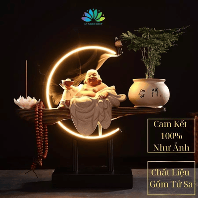 Tượng Phật Di Lặc Chất Liệu Gốm Tử Sa Cao Cấp, Tượng Phong Thủy An Nhiên Thác Khói Trầm Hương
