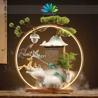 Thác Nước Phong Thủy Tượng Hươu Tài Lộc Kèm Kệ Led Hào Quang Cao Cấp, Decor Tiểu Cảnh,Phòng Làm Viêc