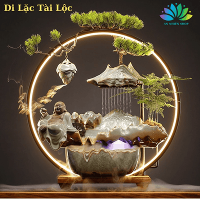 Thác Nước Phong Thủy Tượng Di Lặc, Chú Tiểu, Ngựa Trắng Có Đèn Led Hào Quang Đem Lại May Mắn Tài Lộc