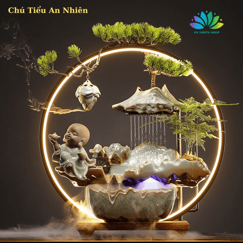 Thác Nước Phong Thủy Tượng Di Lặc, Chú Tiểu, Ngựa Trắng Có Đèn Led Hào Quang Đem Lại May Mắn Tài Lộc