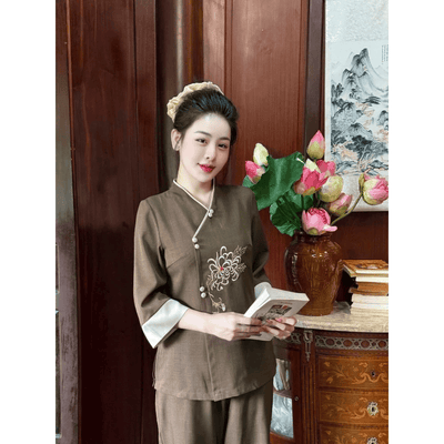 G40 - Quần áo đi chùa - set pháp phục nữ vải đũi Hàn mềm mịn thêu sắc nét