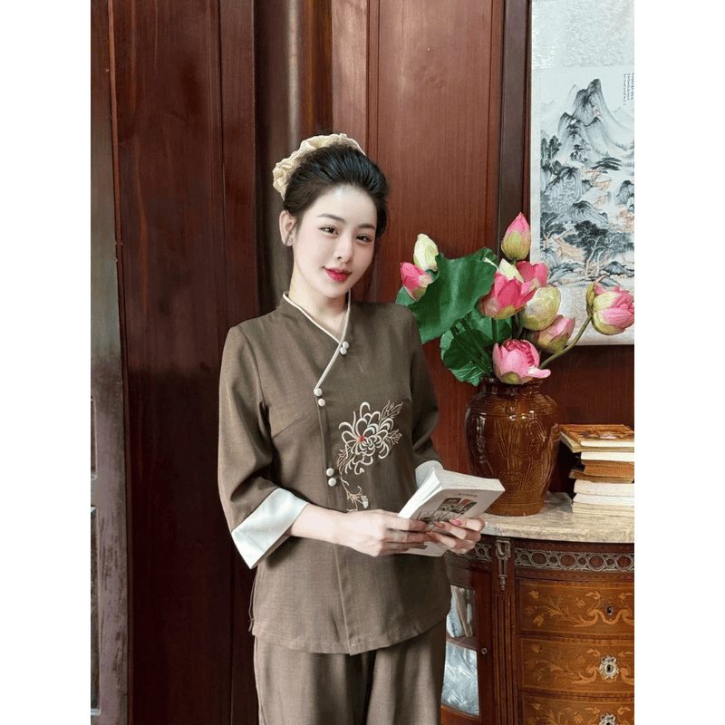 G40 - Quần áo đi chùa - set pháp phục nữ vải đũi Hàn mềm mịn thêu sắc nét