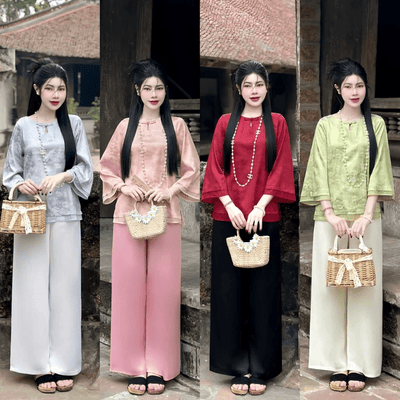 S59 - Quần áo Phật tử cổ giọt lệ, set pháp phục vải gấm phối tơ 2 lớp