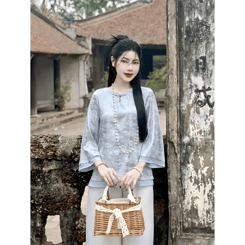 S59 - Quần áo Phật tử cổ giọt lệ, set pháp phục vải gấm phối tơ 2 lớp