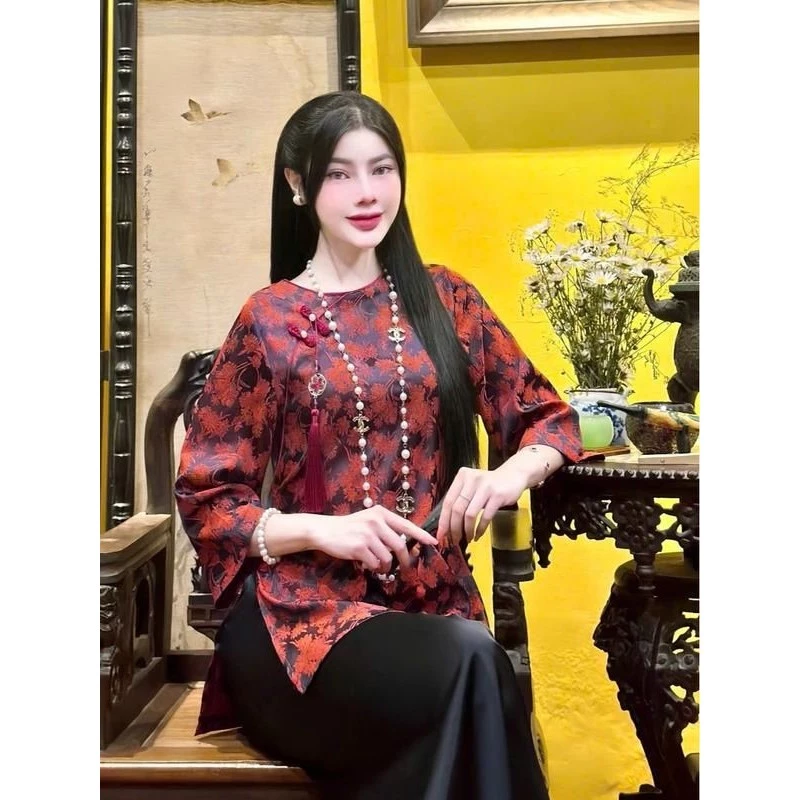 S57 - Bộ Đồ Đi Chùa Gấm Hoa Kèm Charm - Set pháp phục nữ vải gấm mềm trang nhã