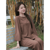 B20 - Pháp phục nữ - áo lam đi chùa - quần áo Phật tử - bộ lễ phục vải lụa mềm thêu thư pháp chữ An