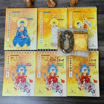 Combo 6 sổ chép kinh SONG NGỮ HÁN - VIỆT [Địa Tạng thượng-trung-hạ + Chú Đại Bi + Dược Sư + A di đà (tặng vòng tay + lá bồ đề)
