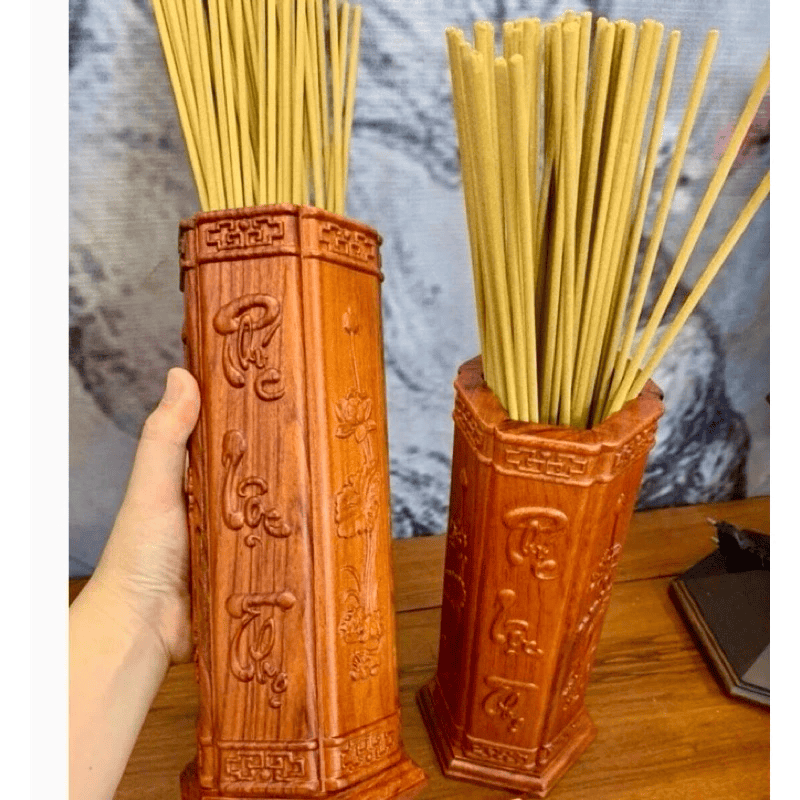 Ống đựng nhang bằng gỗ khắc chữ Phúc Lộc Thọ dát vàng, ống đựng hương thờ cúng chiêu tài lộc