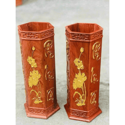 Ống đựng nhang bằng gỗ khắc chữ Phúc Lộc Thọ dát vàng, ống đựng hương thờ cúng chiêu tài lộc