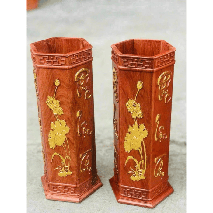 Ống đựng nhang bằng gỗ khắc chữ Phúc Lộc Thọ dát vàng, ống đựng hương thờ cúng chiêu tài lộc