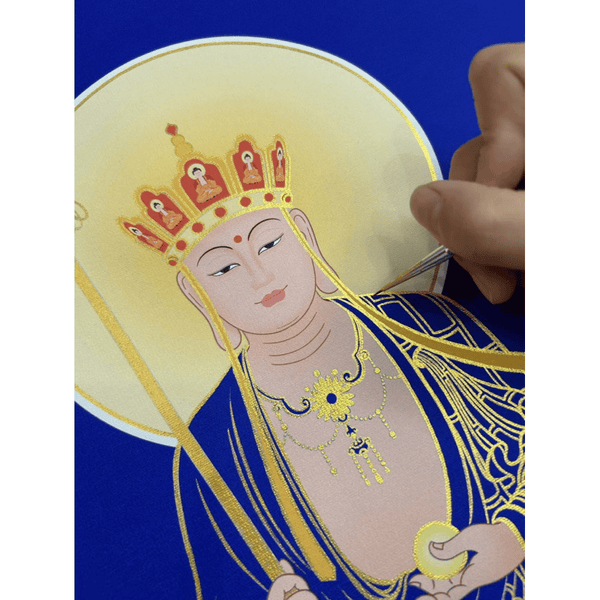 (40x65cm) Tranh tô Ngài Địa Tạng nền xanh (tặng kèm cọ, màu nhũ vàng)