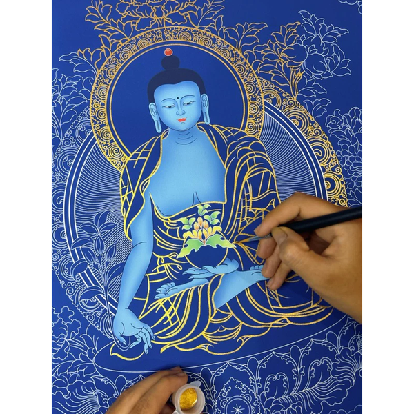 (50x65 cm) Tranh tô Đức Phật Dược Sư Lưu Ly (tặng cọ và màu nhũ vàng)