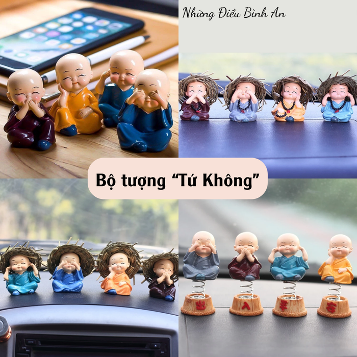 (Tặng miếng dán) Bộ tượng "Tứ Không" để xe ô tô, trang trí nhà cửa bằng gốm sứ cao cấp