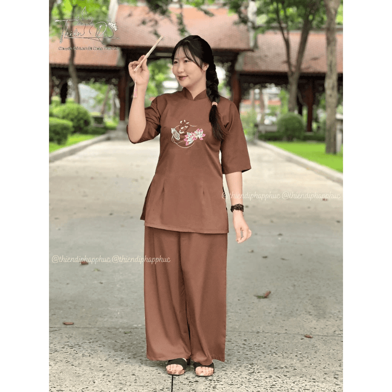 Đồ lam đi chùa nữ đẹp chất LỤA CHÉO Ý thêu tâm an phối sen cao cấp Thiên Di pháp phục lễ chùa