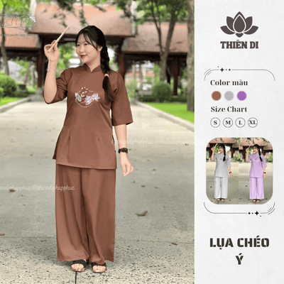 Đồ lam đi chùa nữ đẹp chất LỤA CHÉO Ý thêu tâm an phối sen cao cấp Thiên Di pháp phục lễ chùa