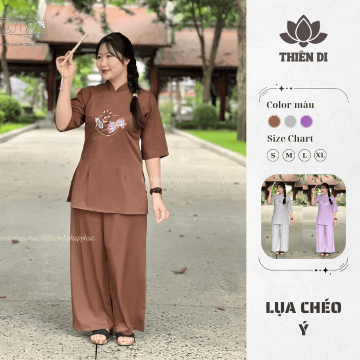 Đồ lam đi chùa nữ đẹp chất LỤA CHÉO Ý thêu tâm an phối sen cao cấp Thiên Di pháp phục lễ chùa