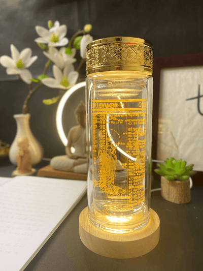 Bình nước Chú Đại Bi tiếng Việt, 2 lớp thuỷ tinh cao cấp (tặng đế đèn)