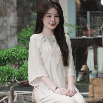 G30 - Bộ đồ Pháp phục nữ thêu sen - đồ lam đi chùa trang nhã chất vải đũi lụa thêu sen mềm mát