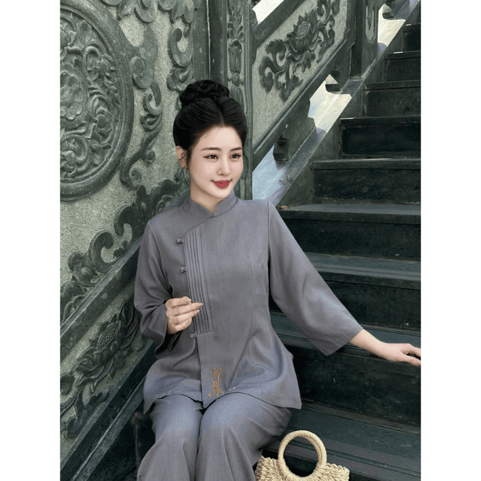 G41 - Pháp Phục Phật Tử - Set đồ lam đi chùa thêu chữ thư pháp, chất liệu đũi dày dặn đứng phom