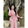 G41 - Pháp Phục Phật Tử - Set đồ lam đi chùa thêu chữ thư pháp, chất liệu đũi dày dặn đứng phom