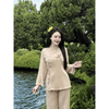 G53 - Bộ Quần Áo Phật tử vải đũi Nhật thêu - cổ tàu cao truyền thống, áo lam đi chùa nữ