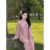 G53 - Bộ Quần Áo Phật tử vải đũi Nhật thêu - cổ tàu cao truyền thống, áo lam đi chùa nữ
