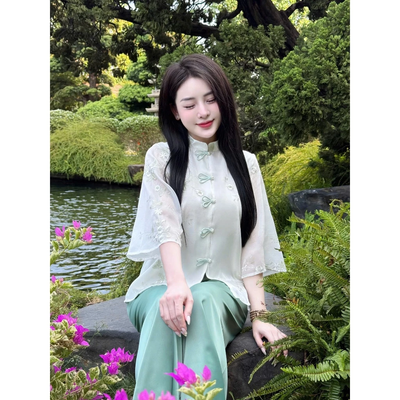Đồ Đi Lễ Chùa Thêu Hoa Cách Tân, Đồ Lam Đi Chùa Tơ Hoa Dây Tai Thỏ Không Dặm Ngứa - Pháp phục đi lễ chùa