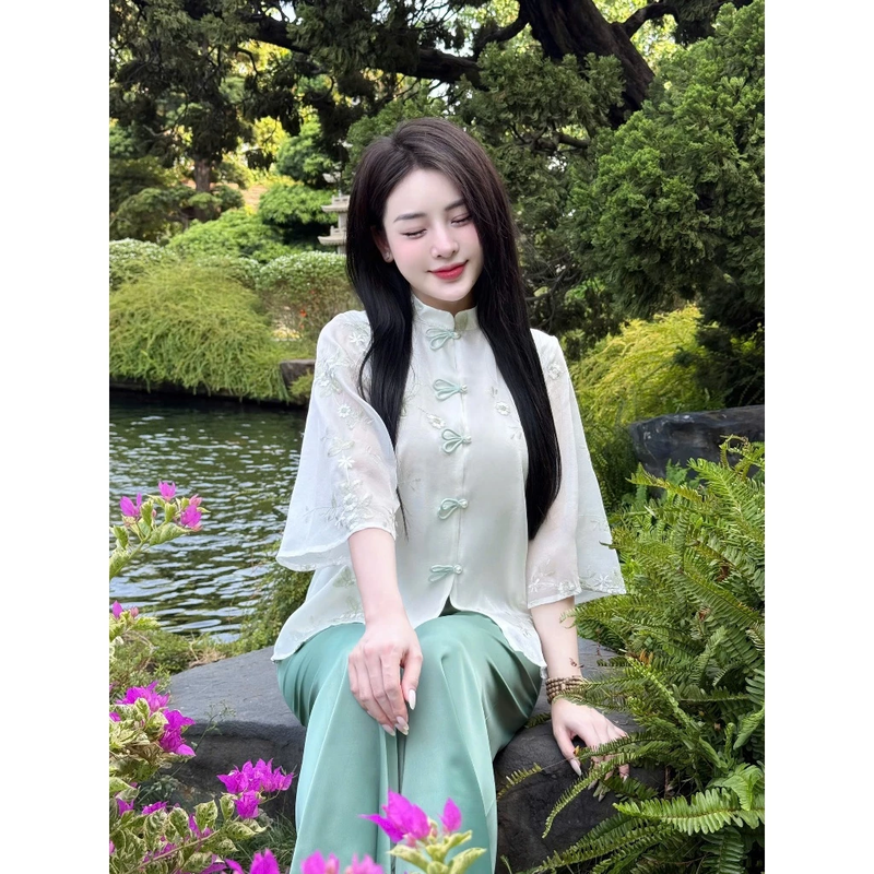 Đồ Đi Lễ Chùa Thêu Hoa Cách Tân, Đồ Lam Đi Chùa Tơ Hoa Dây Tai Thỏ Không Dặm Ngứa - Pháp phục đi lễ chùa