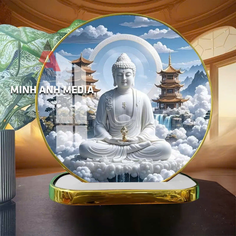 (M18) Tranh tráng gương Phật giáo dạng tròn 30x30cm (Tặng đế để bàn)