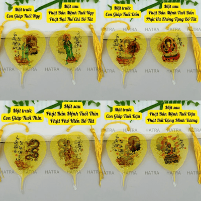(Tặng Bao Lì Xì Lộc) Lá bồ đề nhũ vàng 2 mặt 12 con giáp và phật bản mệnh, để ốp lưng điện thoại, treo xe ô tô đã khai quang