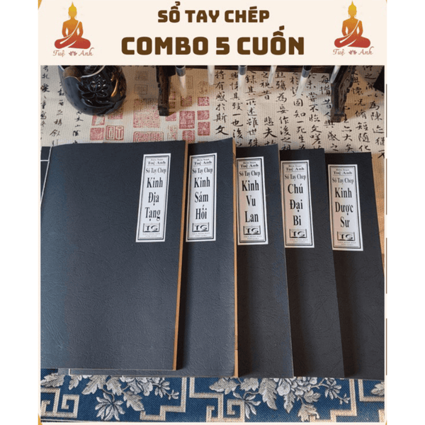 Sổ chép kinh Combo 05 cuốn vở chép in mờ - Vở chép Kinh Địa Tạng/Chú Đại Bi/ Kinh Sám Hối/ Kinh Dược Sư/ Kinh Vu Lan in mờ(Kèm Vòng Tràng 108 hạt + Lá Bồ Đề + Hộp) - Tuệ Anh
