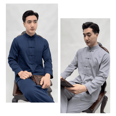 Đồ lam đi chùa cho nam bộ pháp phục nam tay dài cổ tàu chất mềm mại thoải mái phù hợp đi lễ tết lễ chùa - B77