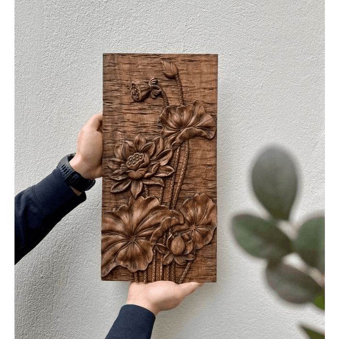 Tranh Gỗ Nở Rộ 20 x 40cm – Hoa Sen Đục Tinh Xảo, Decor Treo Tường/Bàn, Quà Tặng Ý Nghĩa