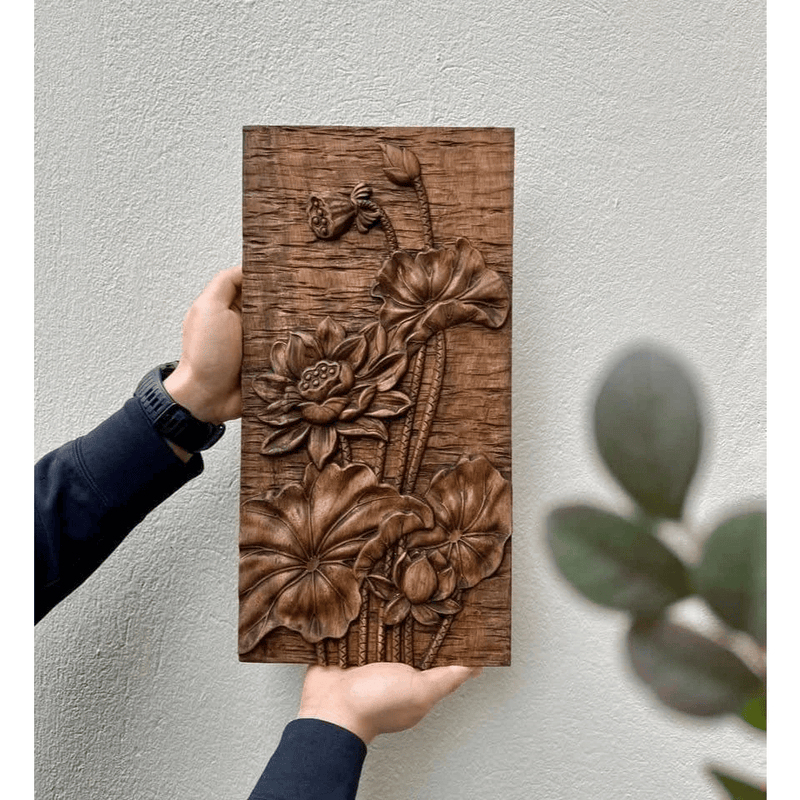Tranh Gỗ Nở Rộ 20 x 40cm – Hoa Sen Đục Tinh Xảo, Decor Treo Tường/Bàn, Quà Tặng Ý Nghĩa
