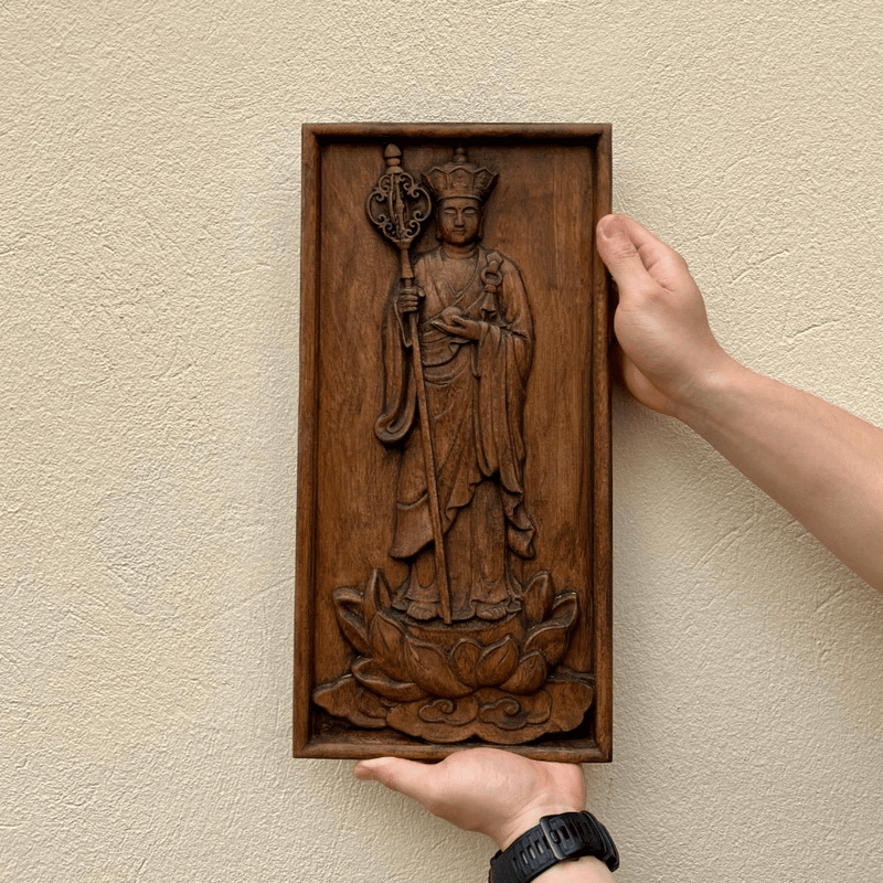 Tranh Gỗ Địa Tạng Vương Bồ Tát 20 x 40 cm, decor treo tường/để bàn tâm linh