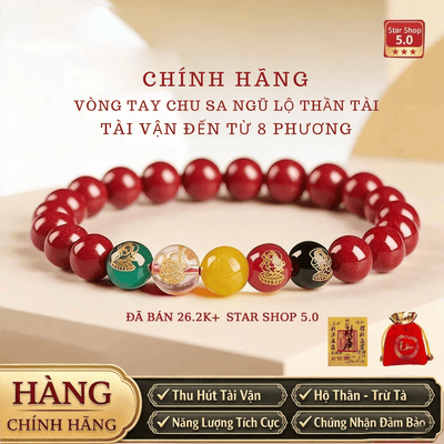 [Đã thỉnh] Vòng tay chu sa ngũ lộ thần tài - chu sa thật hàm lượng cao (tặng kèm túi lộc + lá vàng)