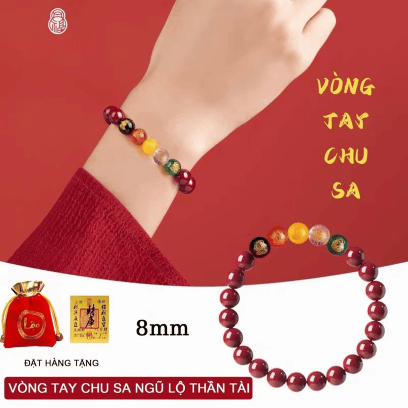 [Đã thỉnh] Vòng tay chu sa ngũ lộ thần tài - chu sa thật hàm lượng cao (tặng kèm túi lộc + lá vàng)