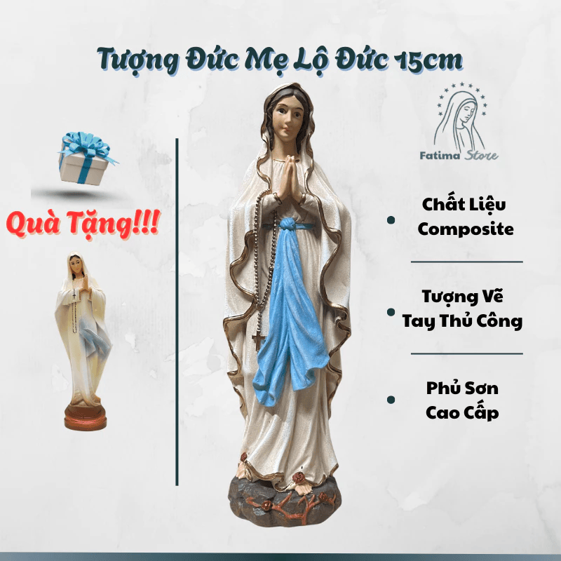 Tượng Đức Mẹ Lộ Đức 15cm Composite Cao Cấp | Vẽ Tay Tỉ Mỉ – Sơn Bền Màu, Tượng Để Ôtô