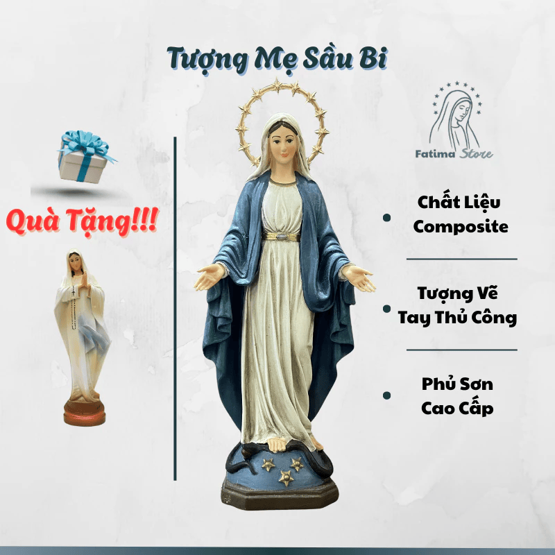 Tượng Đức Mẹ Ban Ơn 15cm Composite Vẽ Tay Thủ Công – Tượng Công Giáo Mini Để Ô Tô, Bàn Thờ